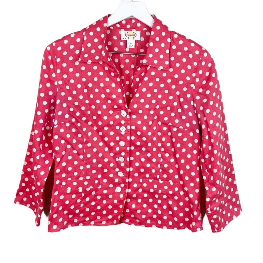 Talbots Petites Linen Button Front Blazer Jacket Coral Pink Polka Dot Size 8P